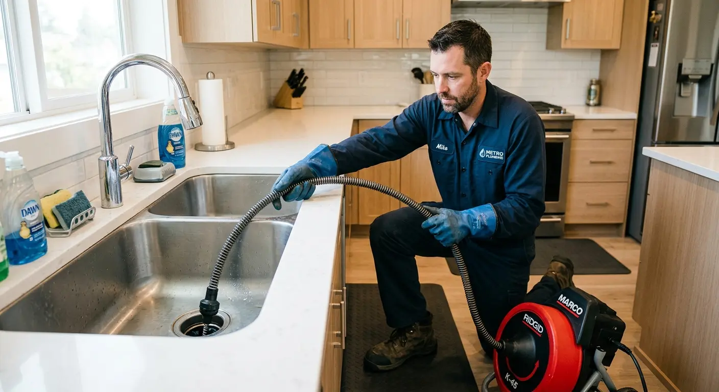 Drain cleaning technician using a motorized snake on a kitchen sink in Leesville