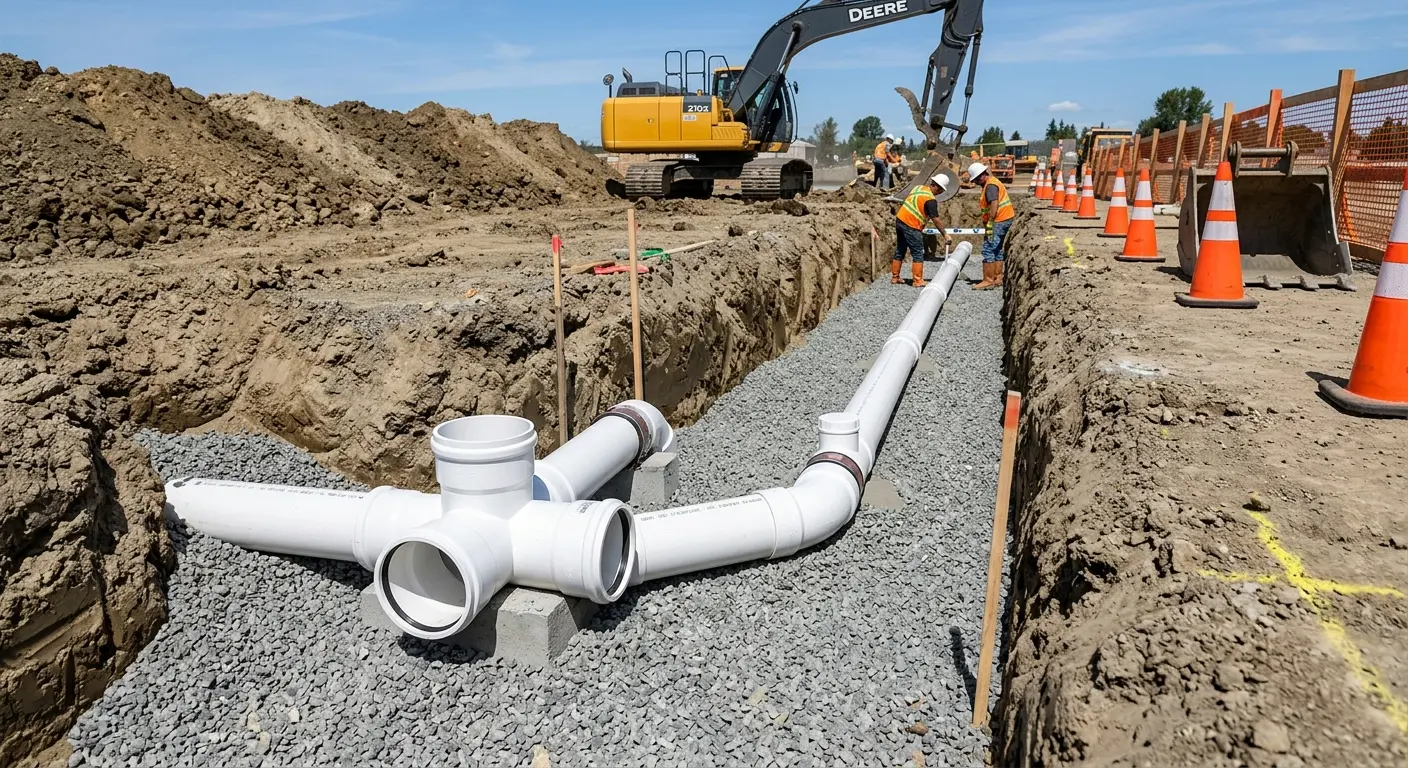 New PVC sewer pipe installation in open trench for Commercial Drain Cleaning in Leesville