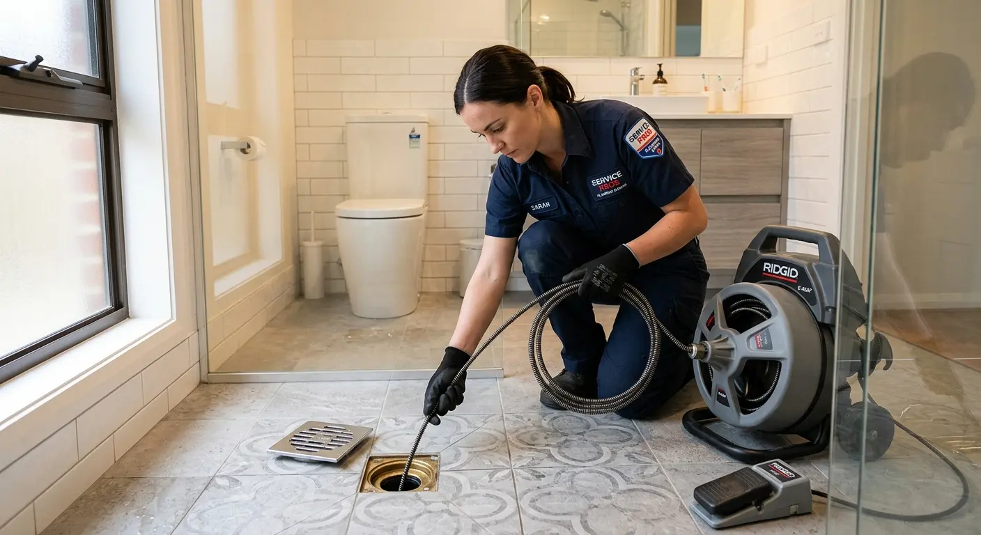 Technician clearing a bathroom floor drain for Hydro Jetting in Leesville
